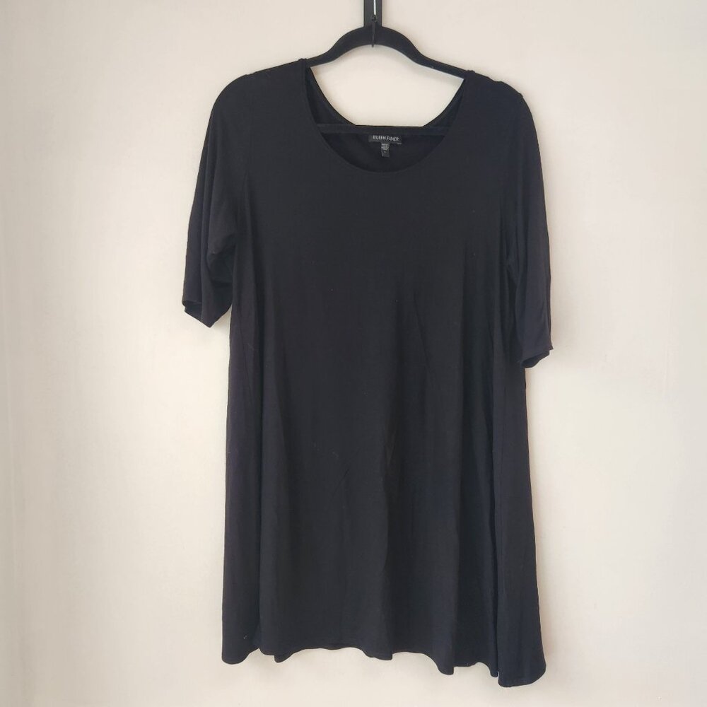 Eileen Fisher Black Stretch Rayon Shift Dress Classic Minimalist Comfy Women's L